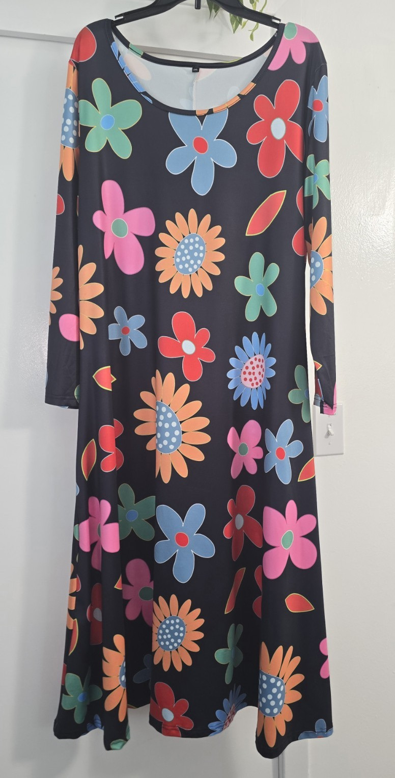 Women’s Black Multicolor Floral A-Line Dress Long Sleeve Round Neck 2XL NWOT