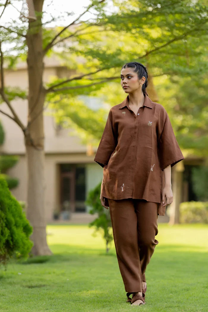 Brown Linen Blend Co-ord Set Women Casual Embroidered Top Trouser Set
