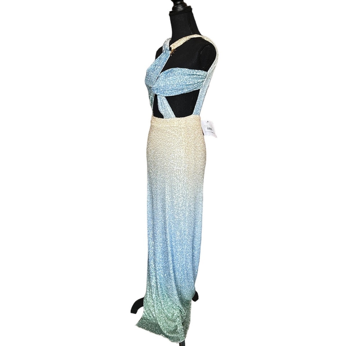 Meltem Ozbek Blue Sequin Gown SIZE 6 Cutout Ombre Formal Slit Designer $750 NEW