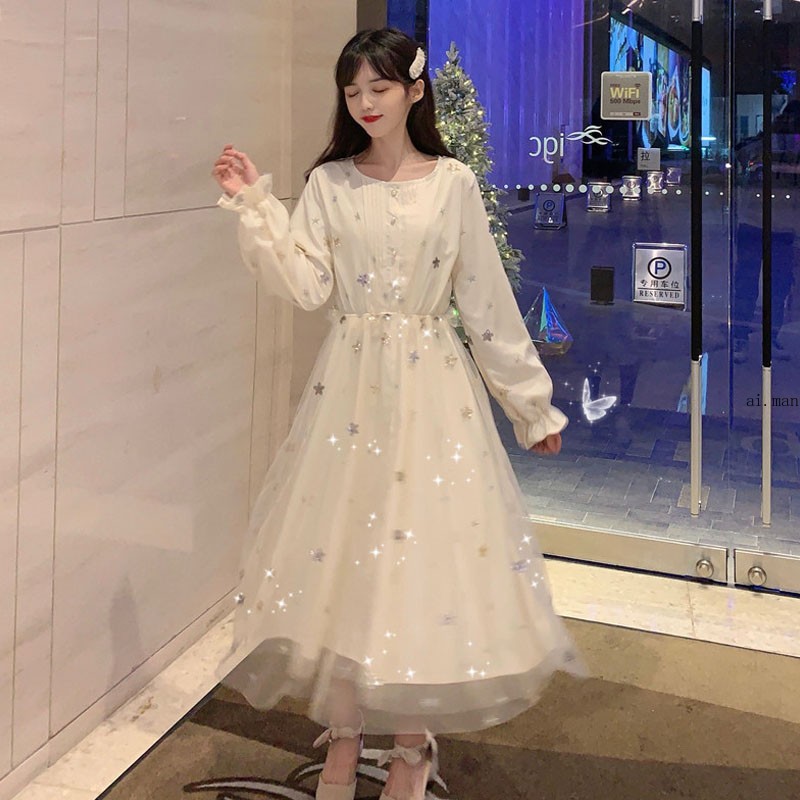 Lady Midi Mesh Dress Sheer Star Glitter Ruffle Long Sleeve Elastic Waist A-line