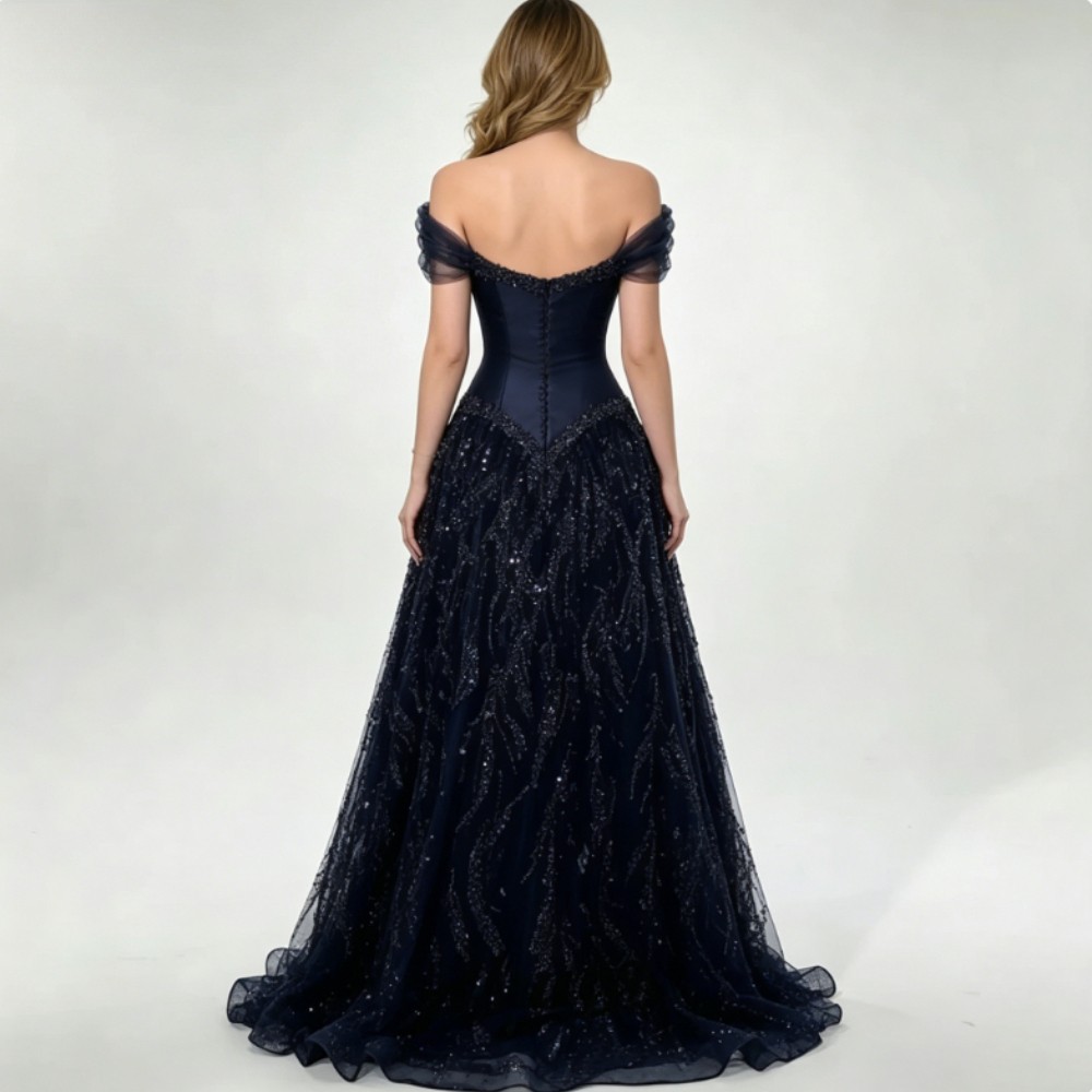 Navy Blue Sequins Floor-Length Evening Dress Off The Shoulder Luxury Prom Gowns