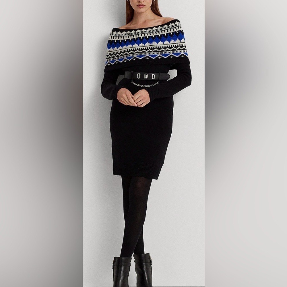 LAUREN BY RALPH LAUREN Fair Isle Off-the-Shoulder Sweater Dress Large