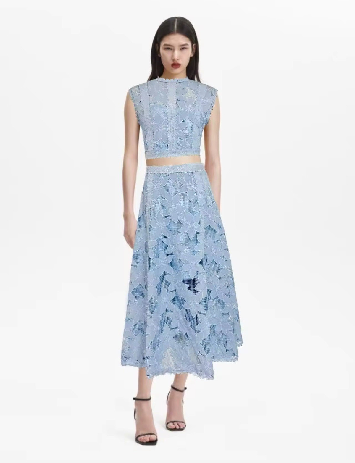 Women’s 2 piece blue Floral Lace round Neck Sleeveless A-Line midi skirt