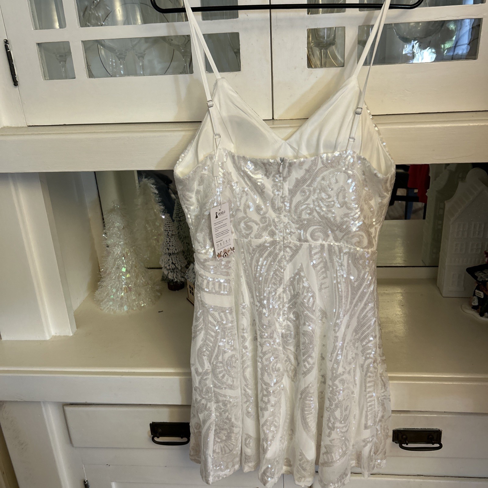 ODIZLI White Sequin Dress , Mini Zip Closure, Adjustable Straps Size M/L