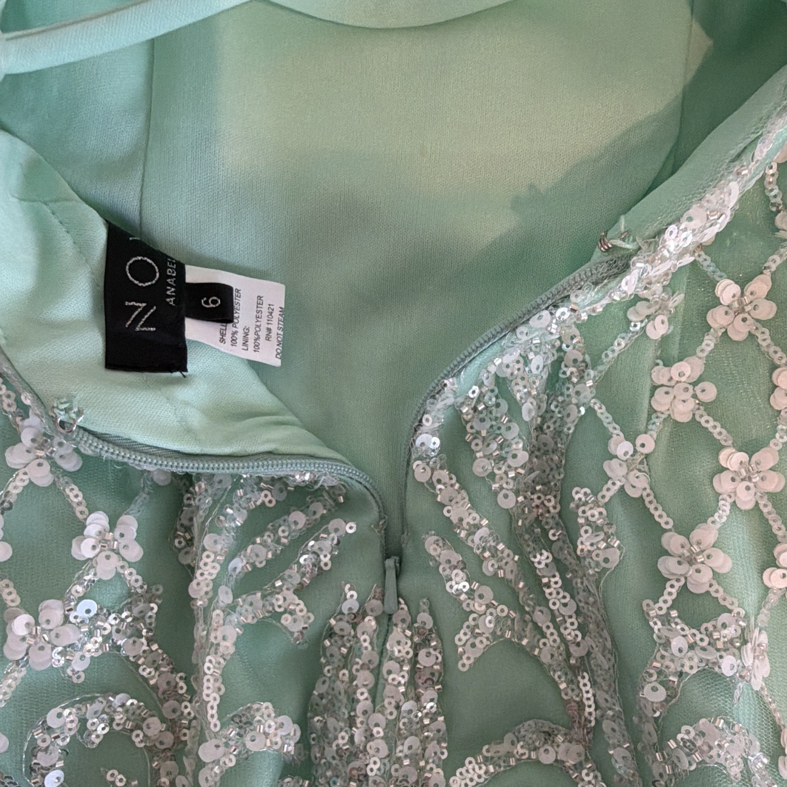 A’Naber Green Sequin Mesh Bodycon Mini Dress Square Neck Lace-Up Back 6