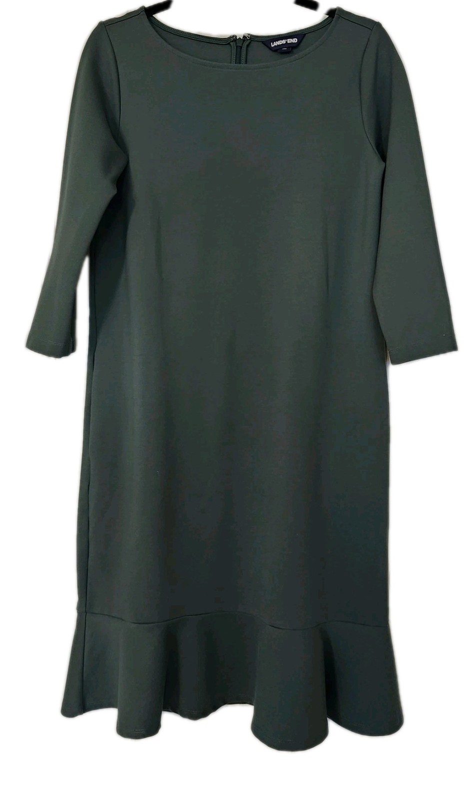 Lands End Womans Green 3/4 Sleeve Ruffle Hem Ponte Knit Dress Size 12T
