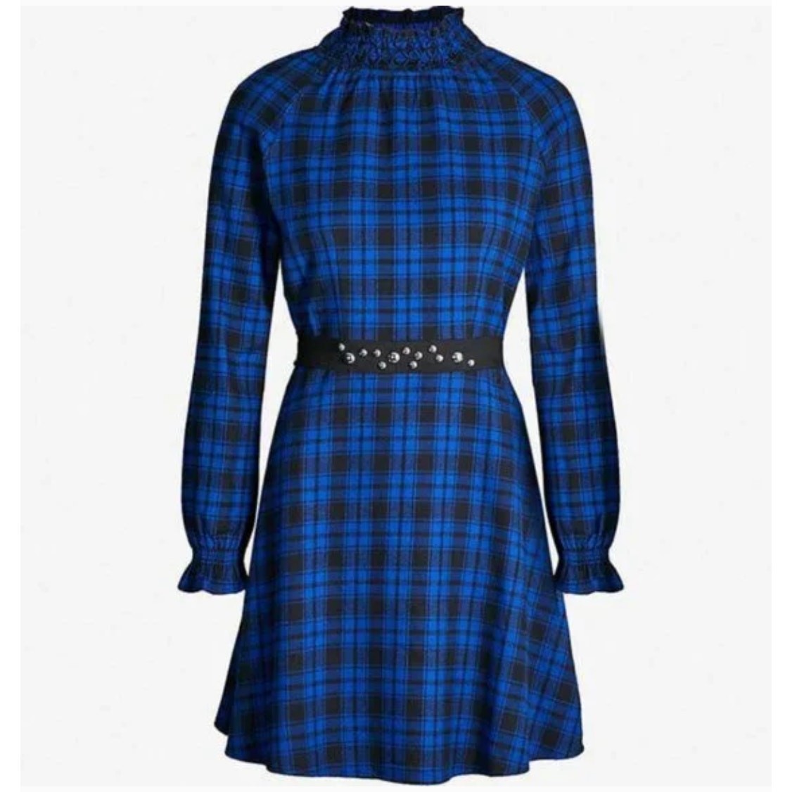 Maje Rivine Plaid A-line Mini Dress Blue Black Check Studded Belt Sz 4 Holiday