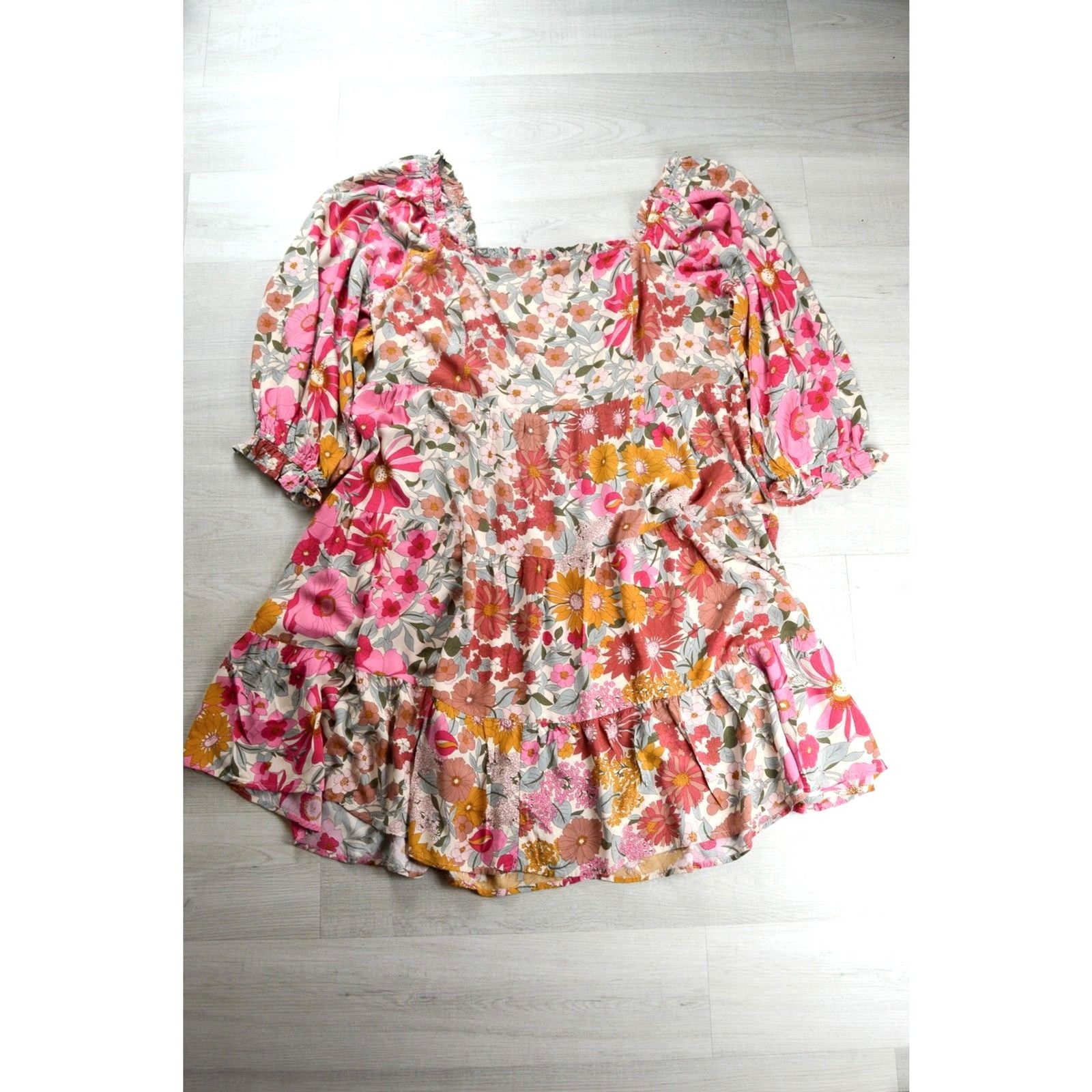 Jodifl Boho Floral Tiered Smocked Dress 2X Puff Sleeve Retro Cottagecore Pink