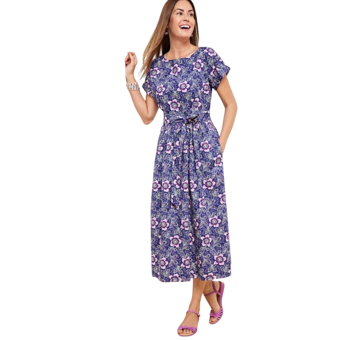 Talbots Purple Floral Paisley Cotton Midi Dress Short Sleeve Belted Pockets 12