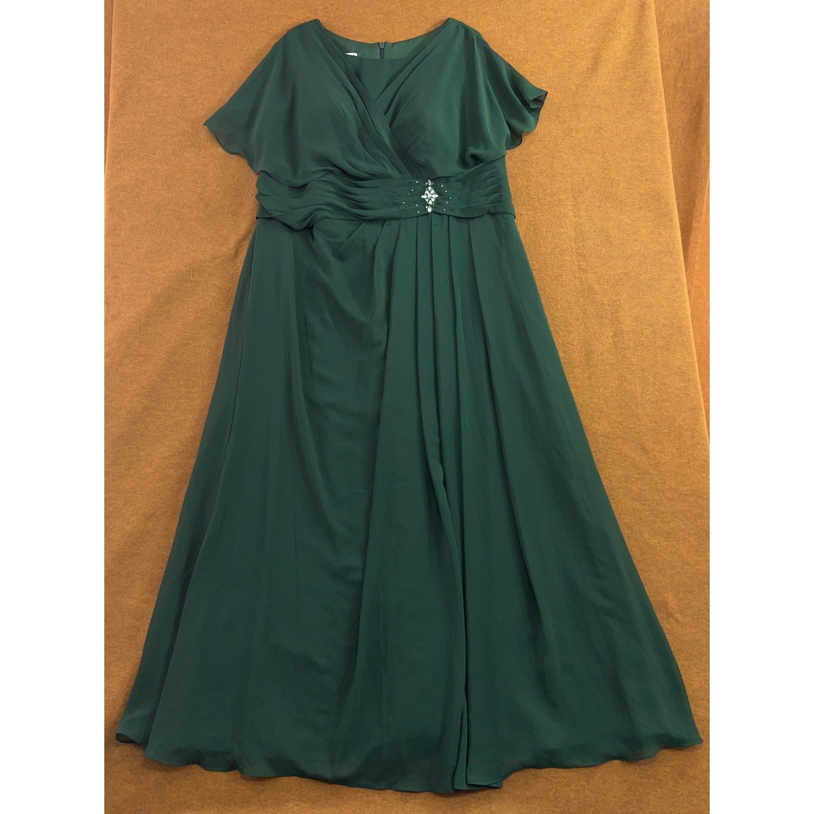 JJ’s House Womens 16 Dark Green Rhinestone Chiffon Flutter Sleeve Maxi Dress New