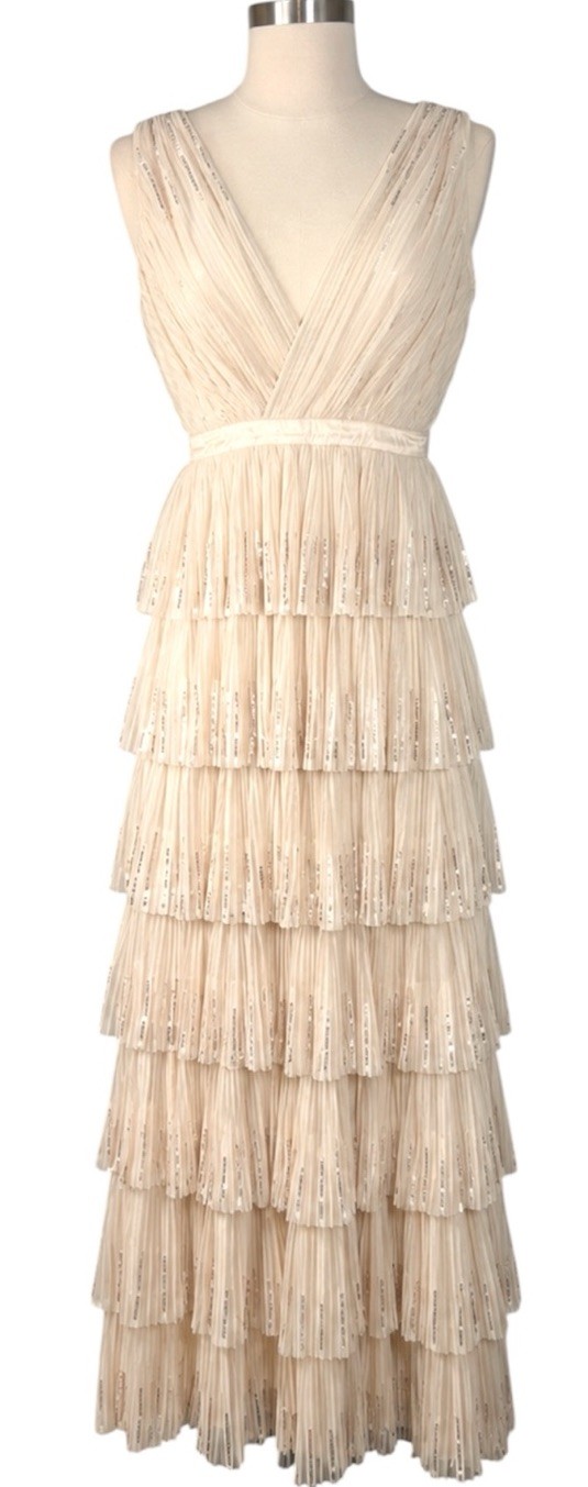 Geode Womens Small Champagne Sequin Tiered Ruffle Maxi Dress Formal Party