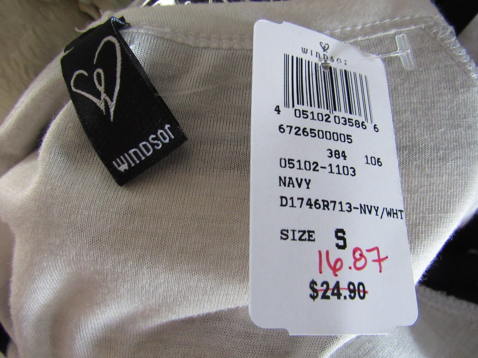 WINDSOR, JUNIOR’S NEW Navy/White Poly Bl Striped 3/4 Sleeved Striped Dress, Sz S