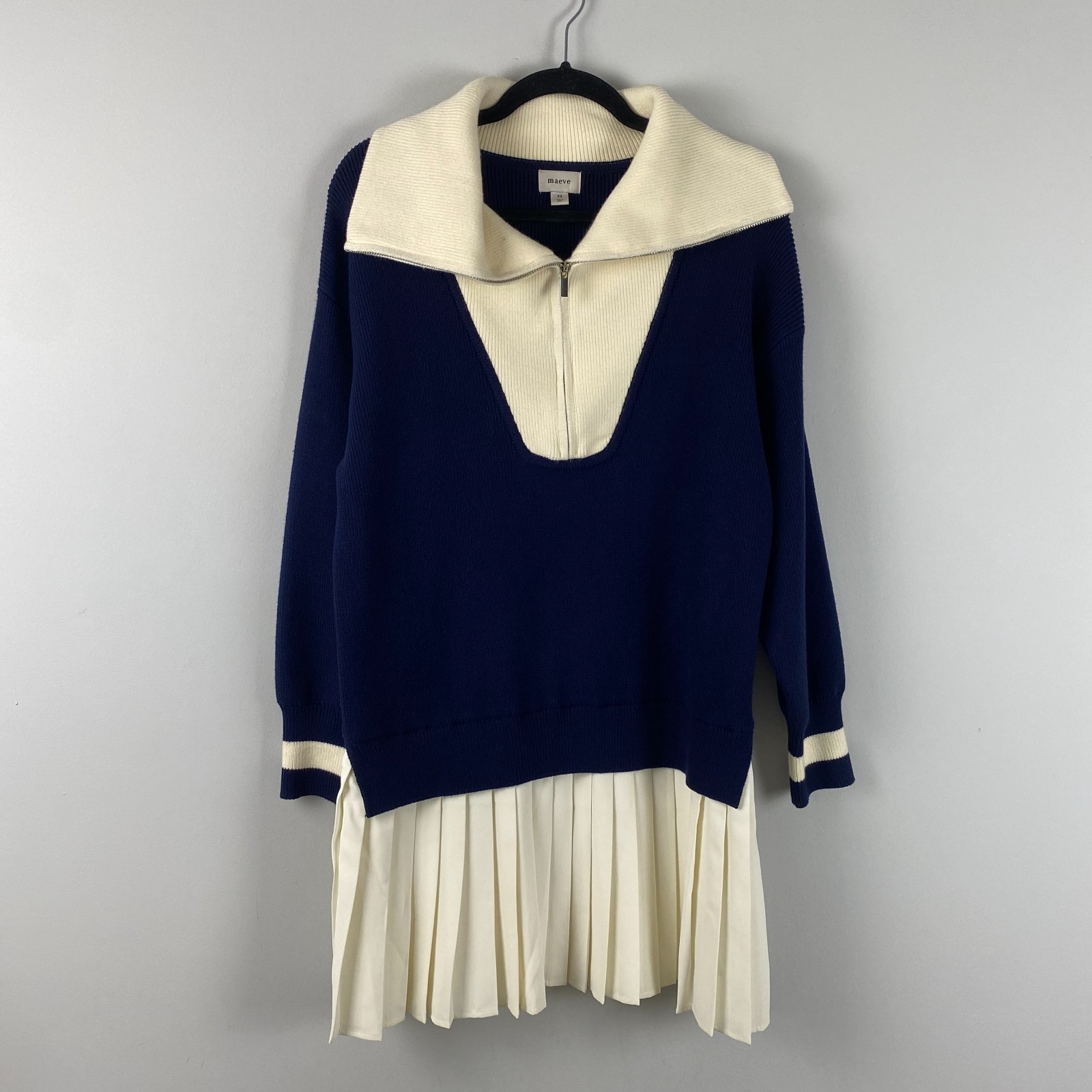 Maeve Anthropologie Flat White Varsity Sweater Twofer Mini Dress Size XS Navy