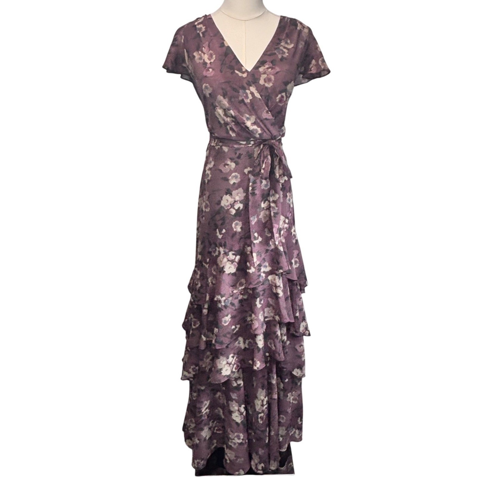 Ralph Lauren Maxi Dress Georgette Chiffon Floral Layered Ruffles Cottagecore 8