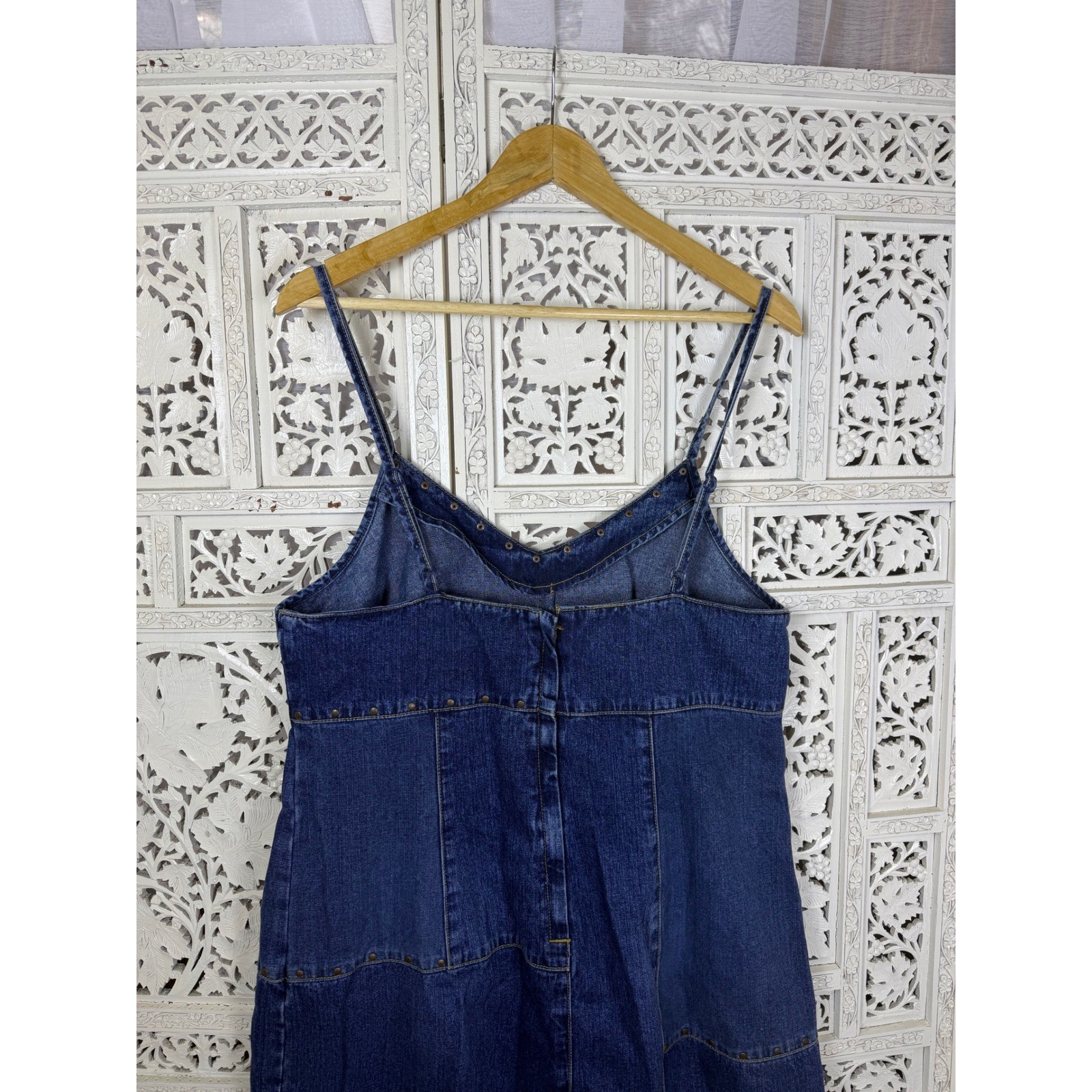 Vintage Denim Dark Wash Patchwork Sleeveless Dress Sz 14/16 V Neck Retro Indie