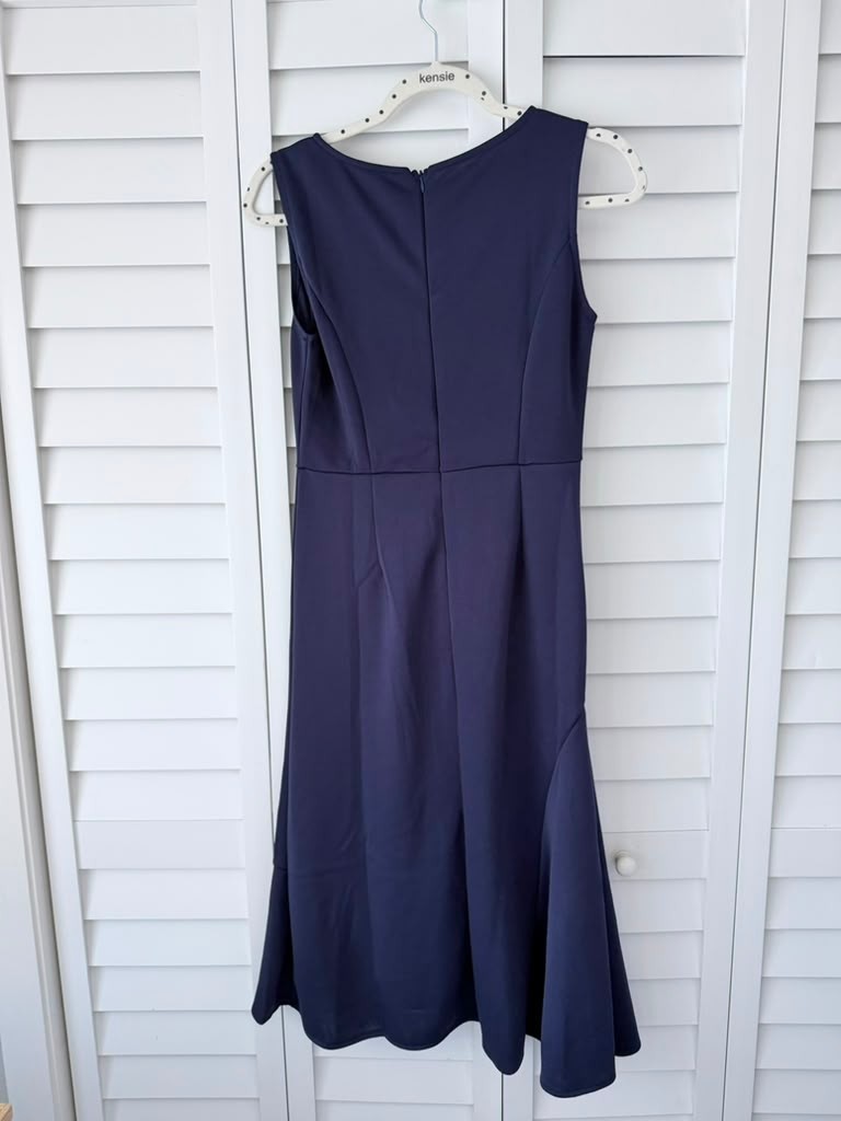 Elegant Navy Blue Sleeveless Draped Wrap Midi Dress Side Slit Lined Size M