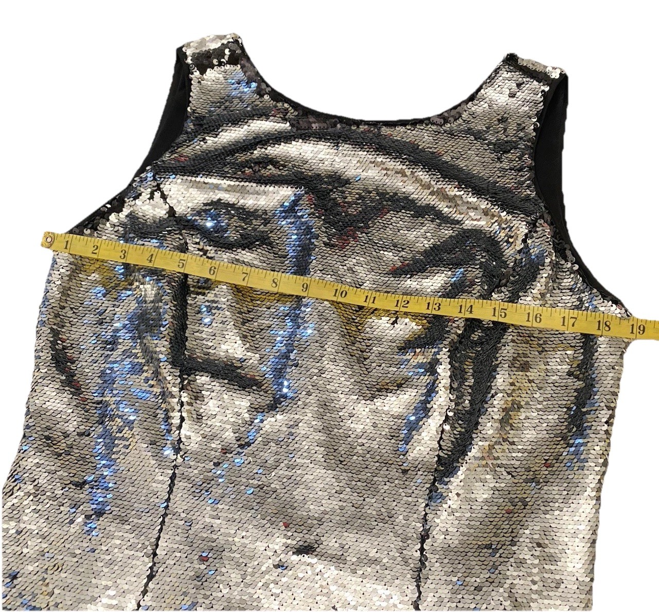 EVA MENDES Reverse Silver & Black Full Sequin Midi Sheath Dress Party Size L