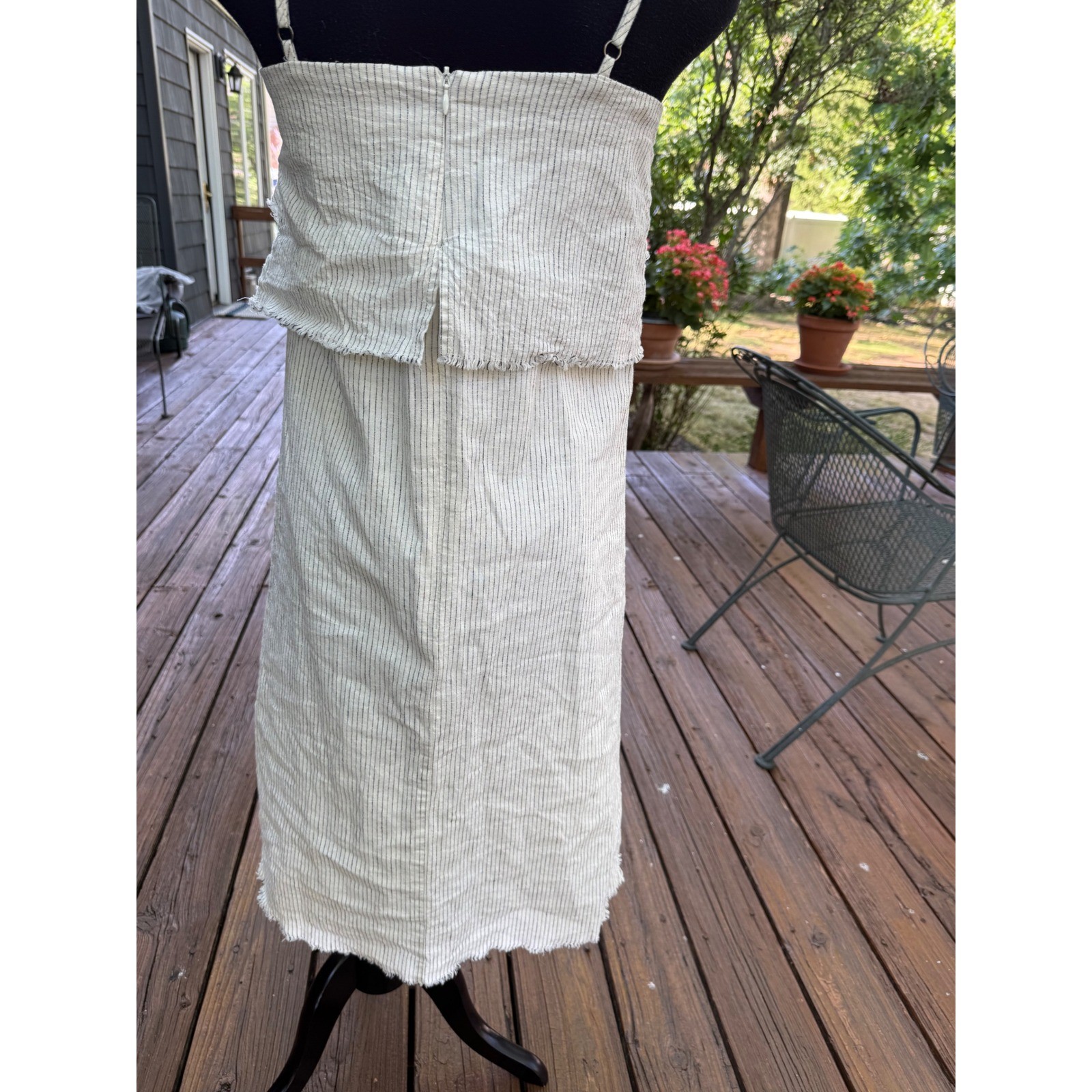 Zara Basic Z1975 Denim Pinstripe Linen Blend Ruffle Midi Dress Blue White Small
