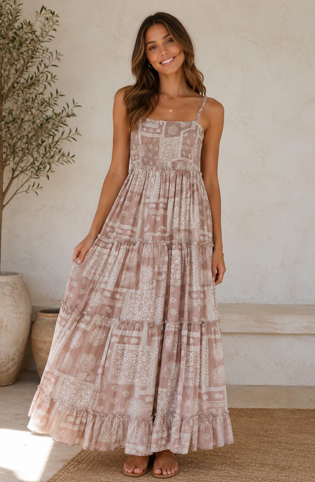 Pink Lily Smocked Tiered Maxi Dress Size S Taupe Pink Paisley Floral