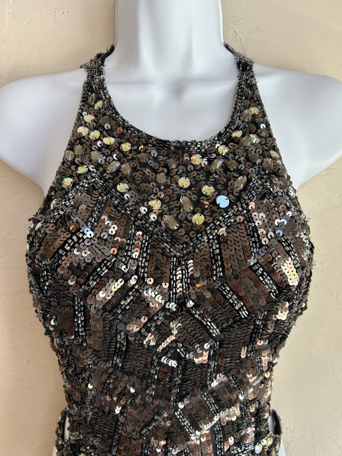 Cassandra Stone Mac Duggal Beaded Sequin Gown 6 Backless Formal Prom Thigh Slit