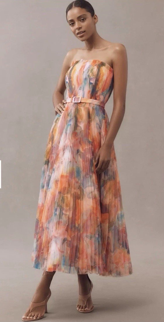 Hutch Bromley Strapless Pleated Tulle Gown, Sz 4, Apricot, New