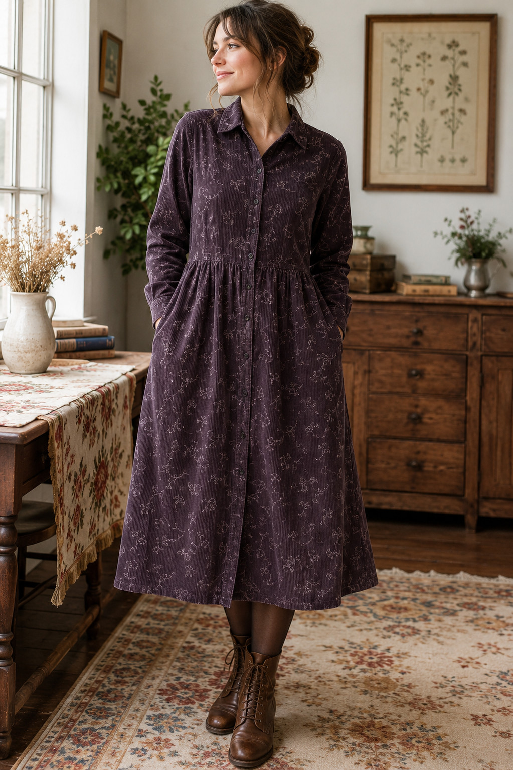 L.L.Bean Women 8 Corduroy Shirt Dress Vintage Floral Midi Cottagecore 80s 90s
