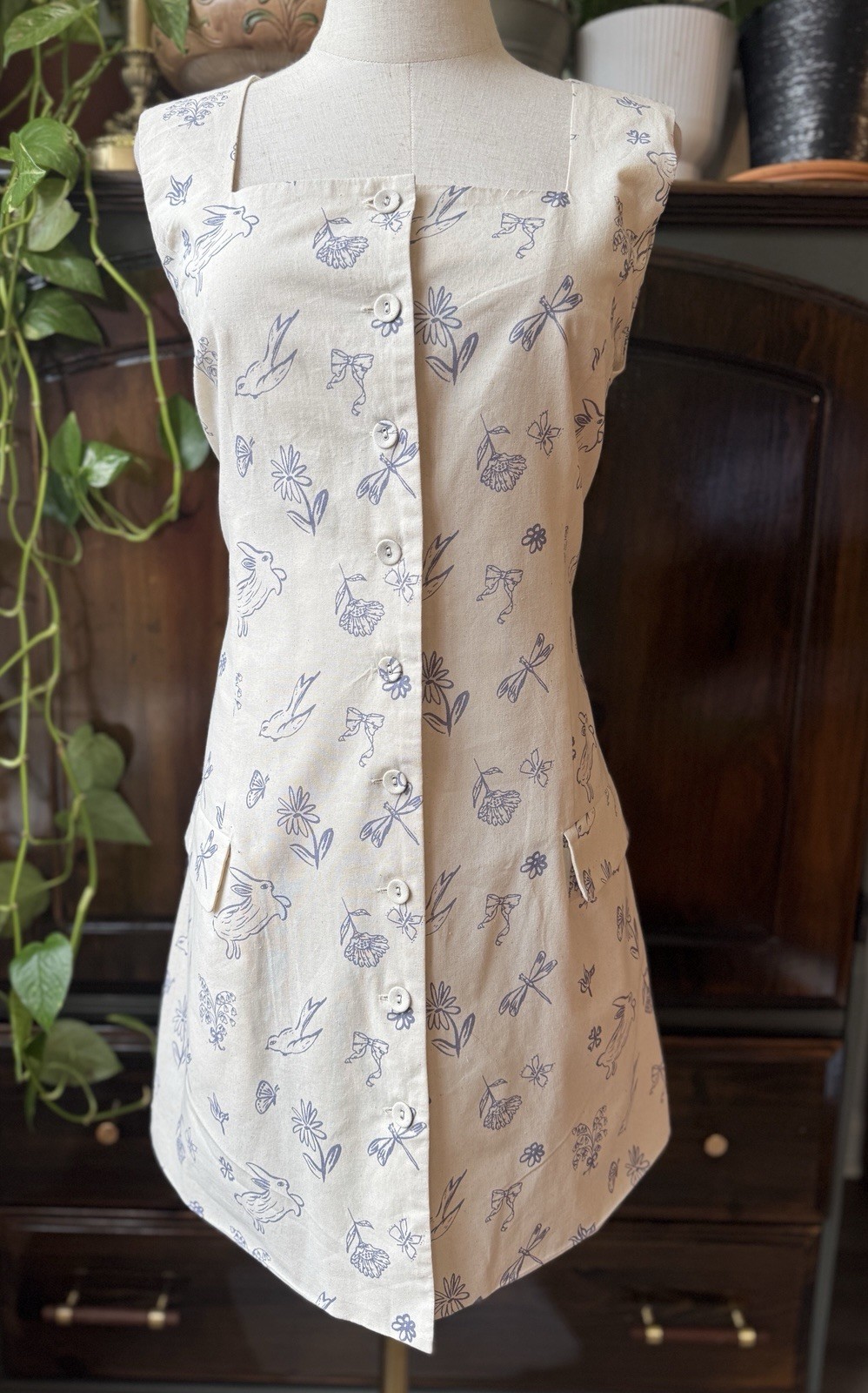 NWT SZ L 100% Cotton Canvas Spring Print Button Tank Mini Dress Linen A Line