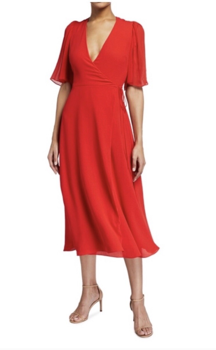 Alice + Olivia Siri Wrap Midi Dress in Red Poppy. NWT. Size 2. Retail- $350