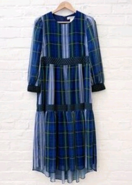Gretchen Scott Peasent Plaid Blue Green Maxi Dress Nwt S Chiffon Silky $289