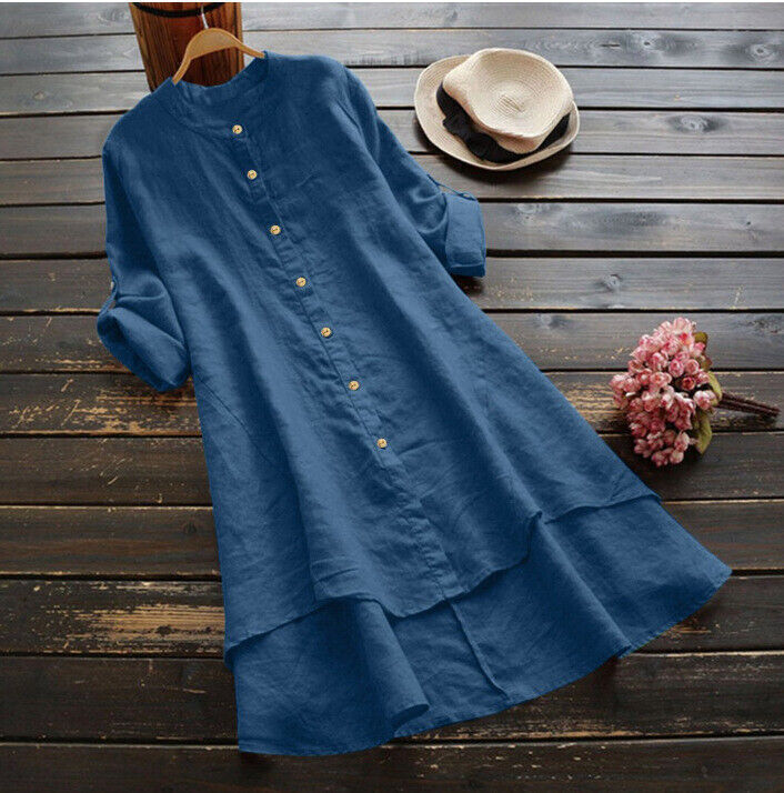 Womens Summer Loose Comfortable Long Skirt Cotton and Hemp Long-Sleeved Dress