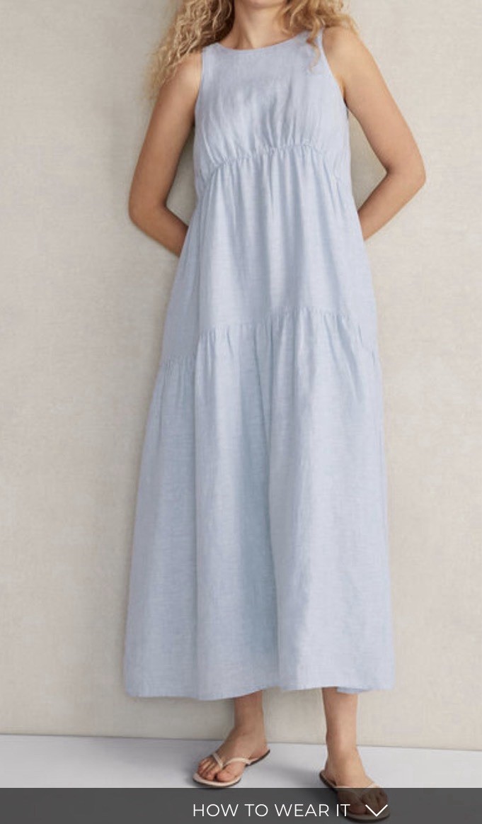 Haven Well Within Sz.S Blue Linen Sleeveless Tier Maxi Pockets Coastal Dress NEW