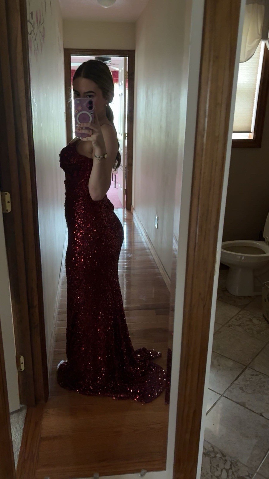 Women’s Red Sequin Sweetheart Spaghetti Strap Long Side Slit Dress Size S