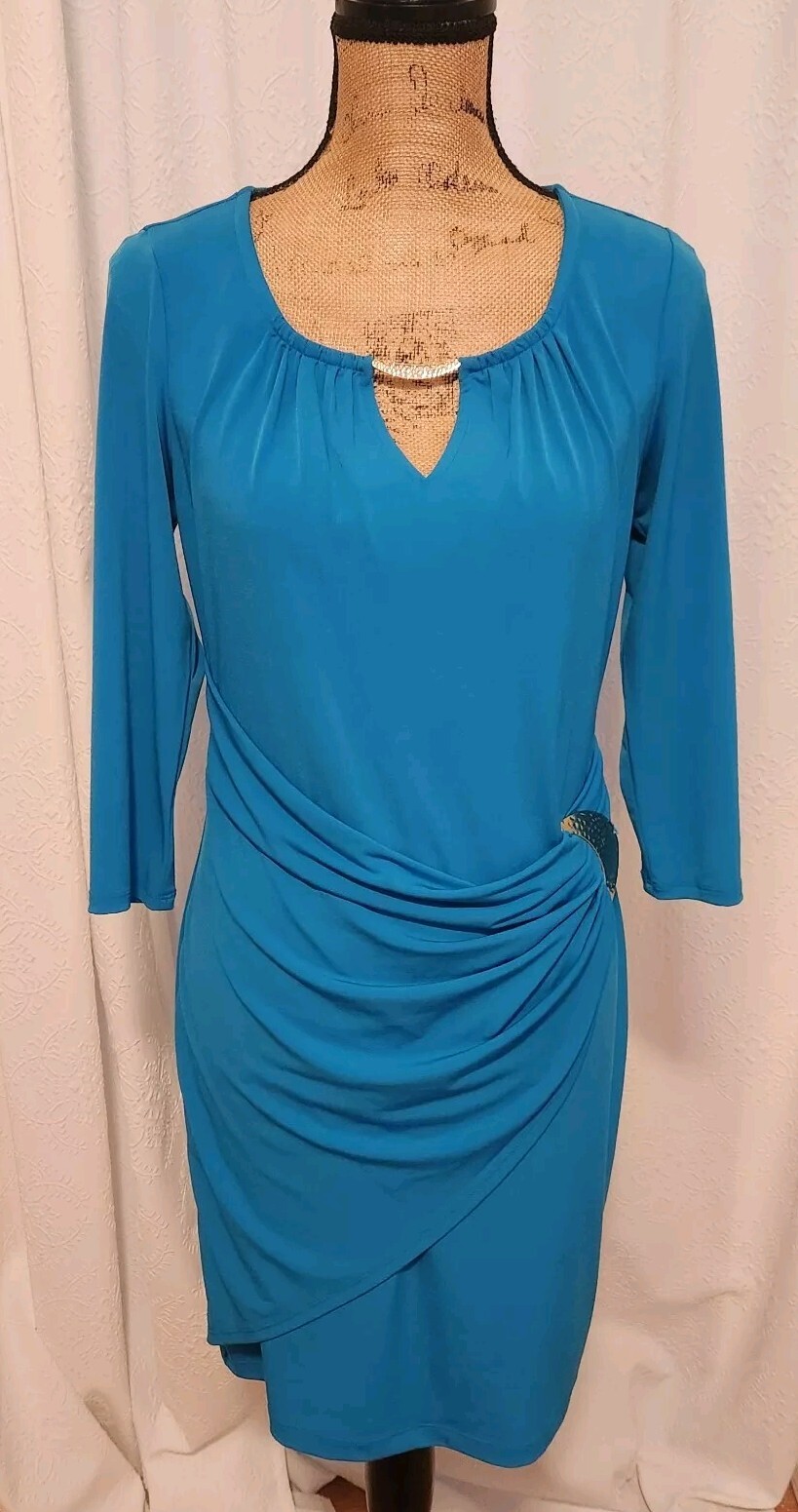 Thalia Sodi Women’s S Teal Blue 3/4 Sleeve Pleated Faux Wrap Buckle Accent Dress