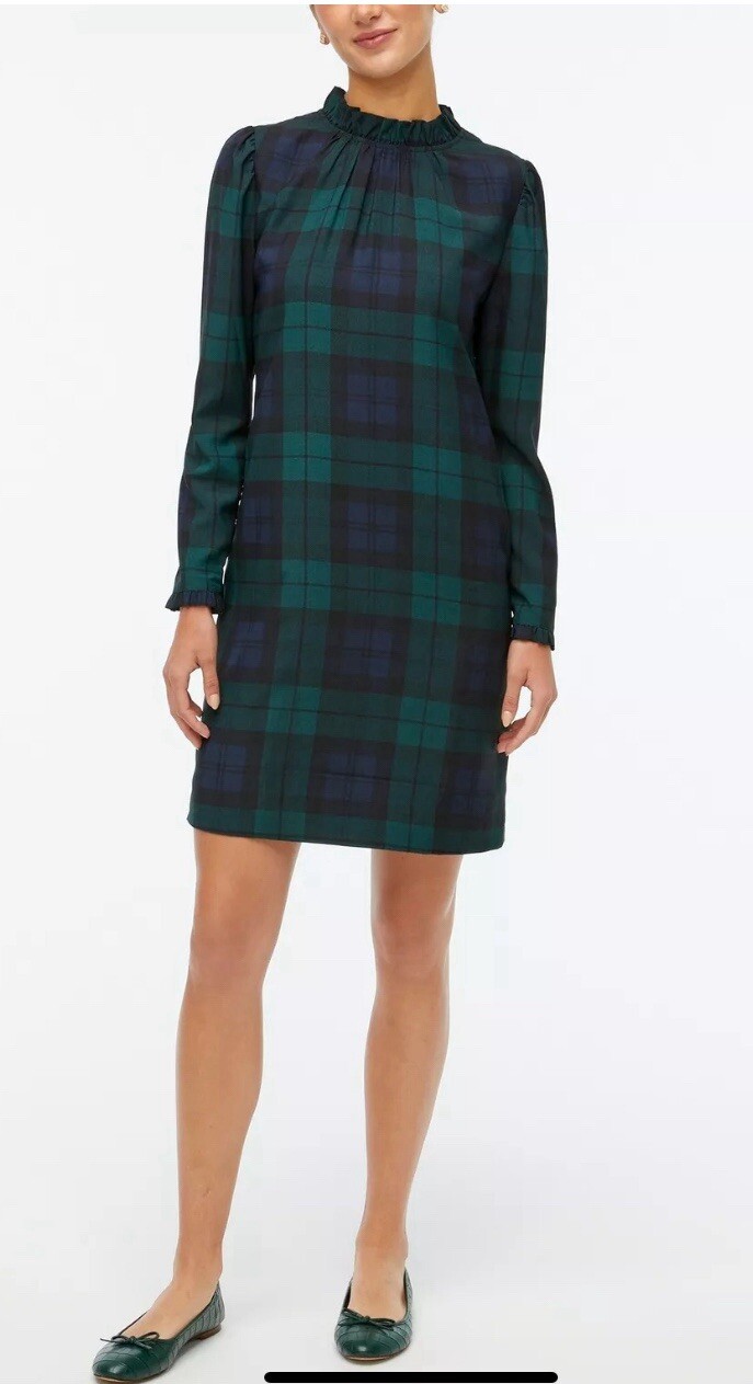 J. Crew Factory Ruffleneck Shift Dress Green & Black Watch Tartan Plaid Size 20