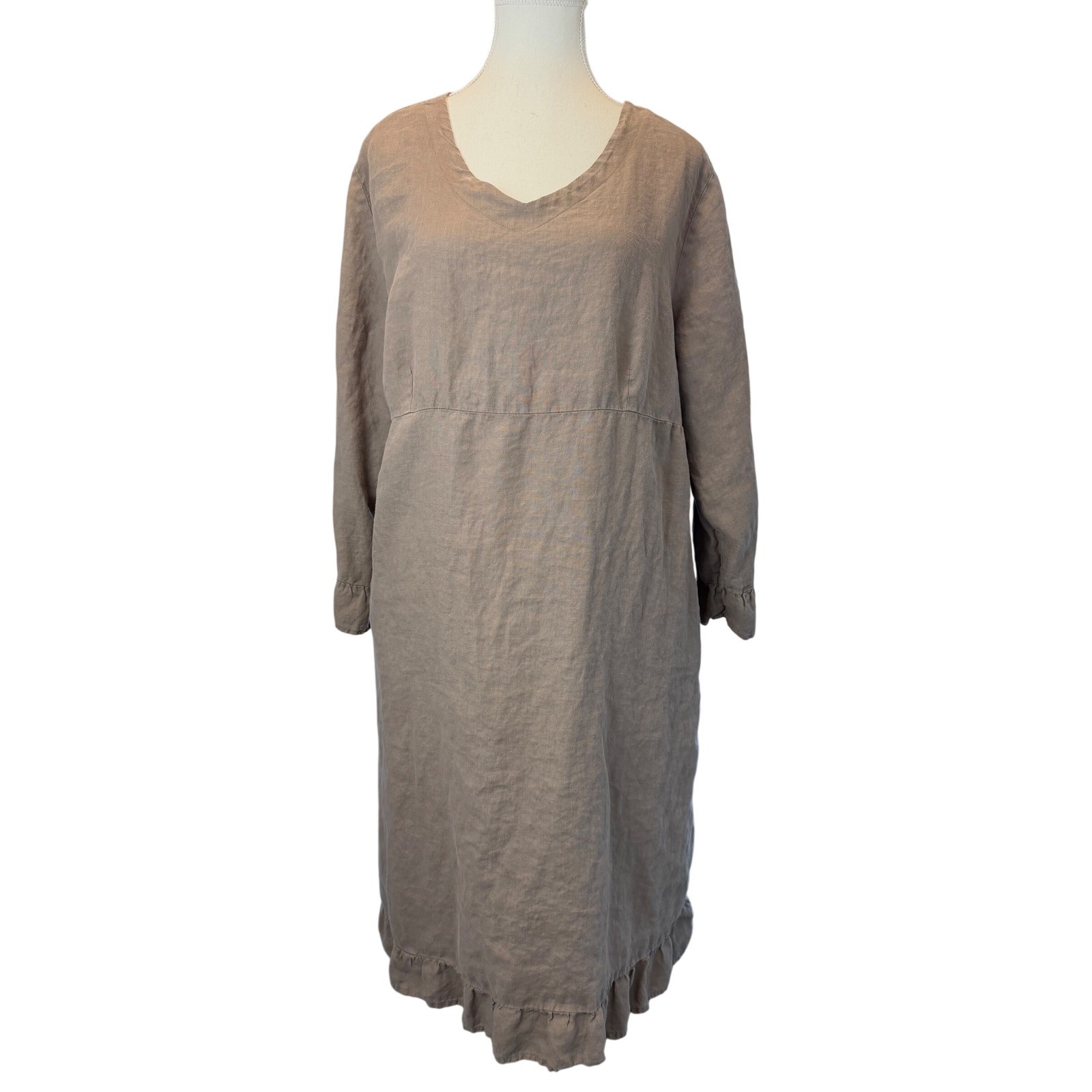 Match Point USA Linen Dress Womens XL Taupe Brown Ruffle Hem V-Neck Pockets Boho