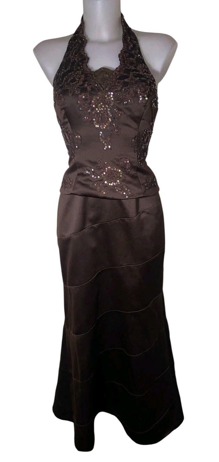 Vtg 90s Womens Chocolate Brown Lace Beaded Halter Dress Sz 6 Grunge Whimsigoth