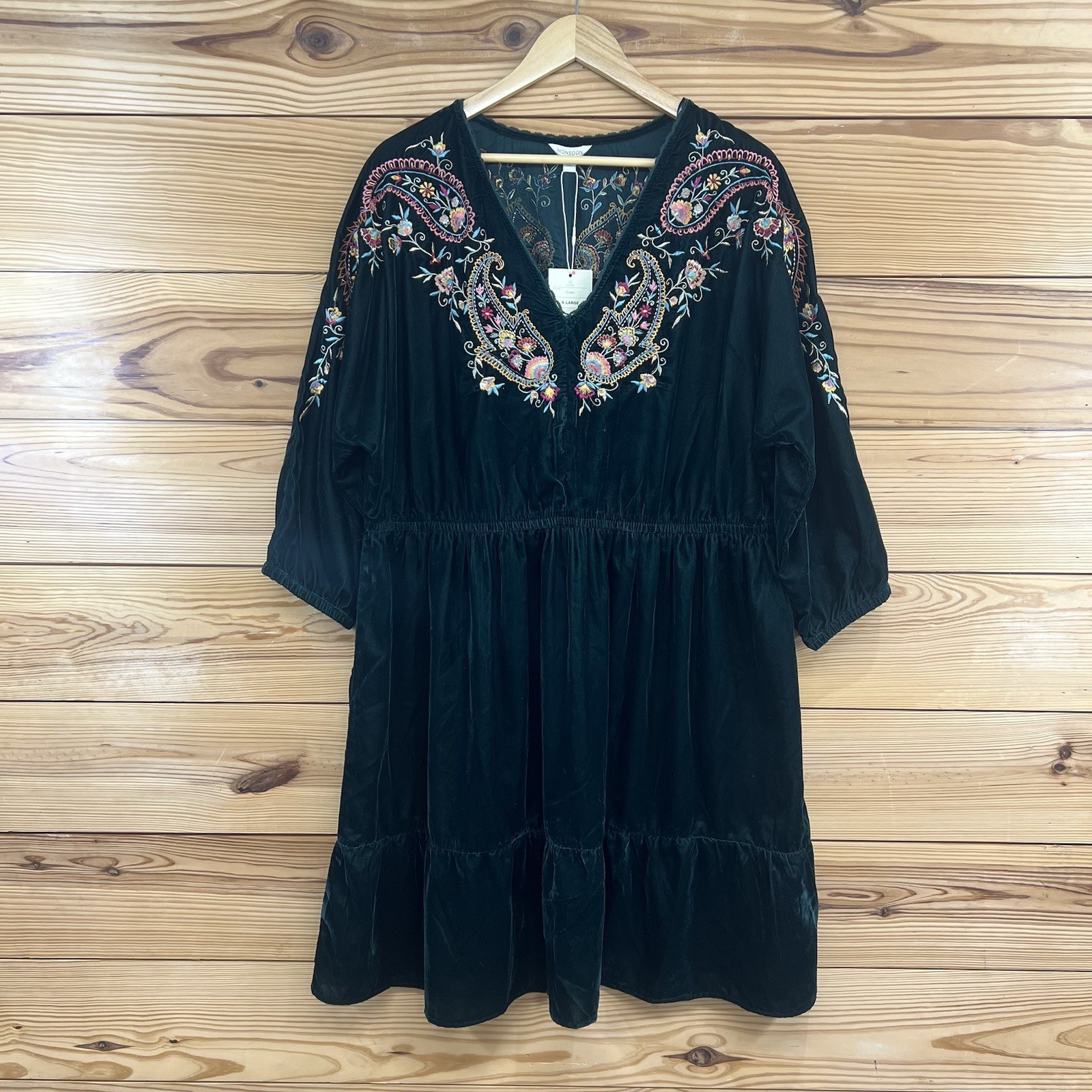 Monsoon Paget Dress Womens XL Green Velvet Embroidered V-Neck Elastic NWT B10