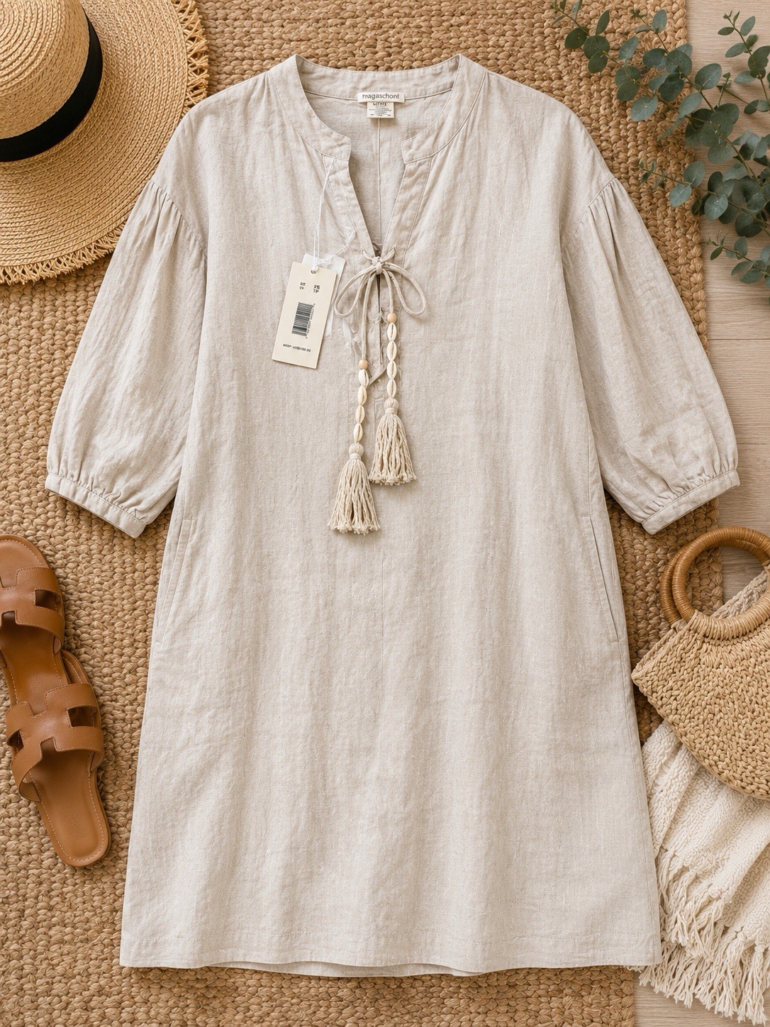 Magaschoni Oatmeal Linen Peasant Shift Dress XS NWT Shell Tassel Oversized