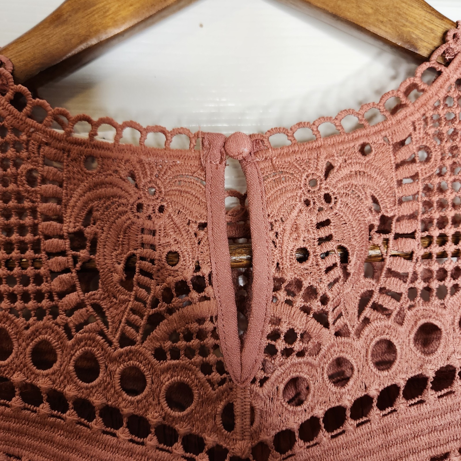 MINE Blush Pink Crochet Lace Accents Sleeveless Smocked Lined Mini Dress Size S