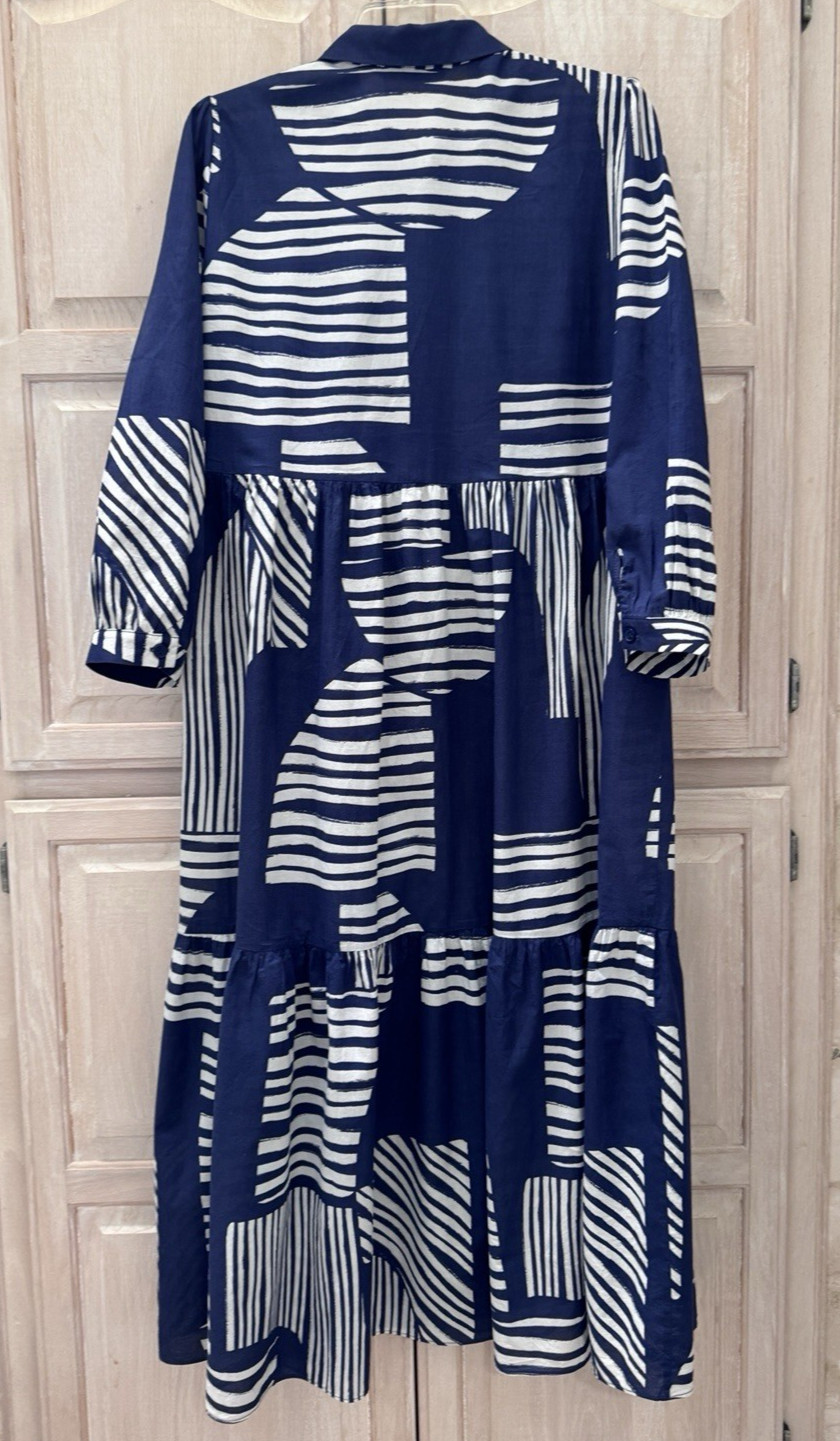 Zara Navy Blue & White Geometric Button Front Tiered Midi Dress Size Medium