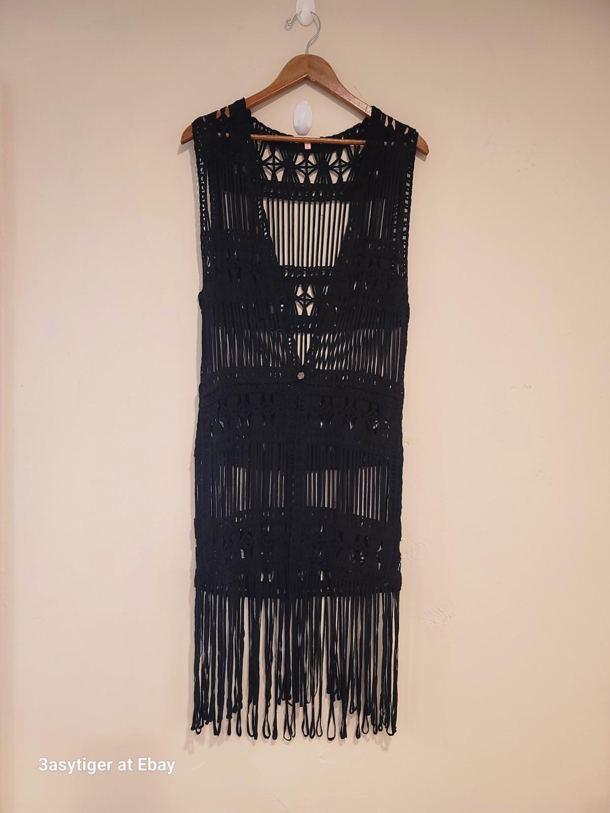 ReNamed Hippie BOHO Black Knotted Crochet Macrame Fringe Festival Vest Dress S