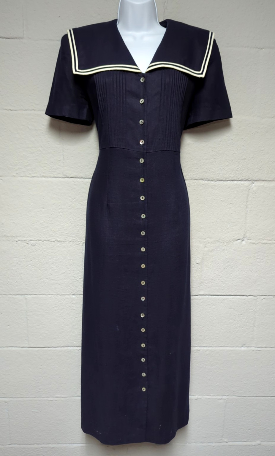 Vintage Navy Blue Maxi Dress Size 10 Linen Button Down Sailor Collar Nautical