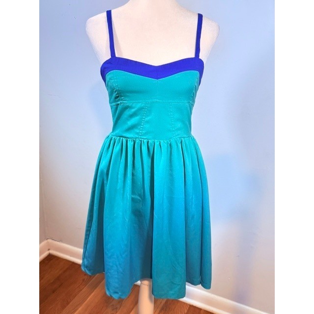 Vintage Havana Colorblock Fit Flare Dress Teal Royal Blue Sweetheart Size L