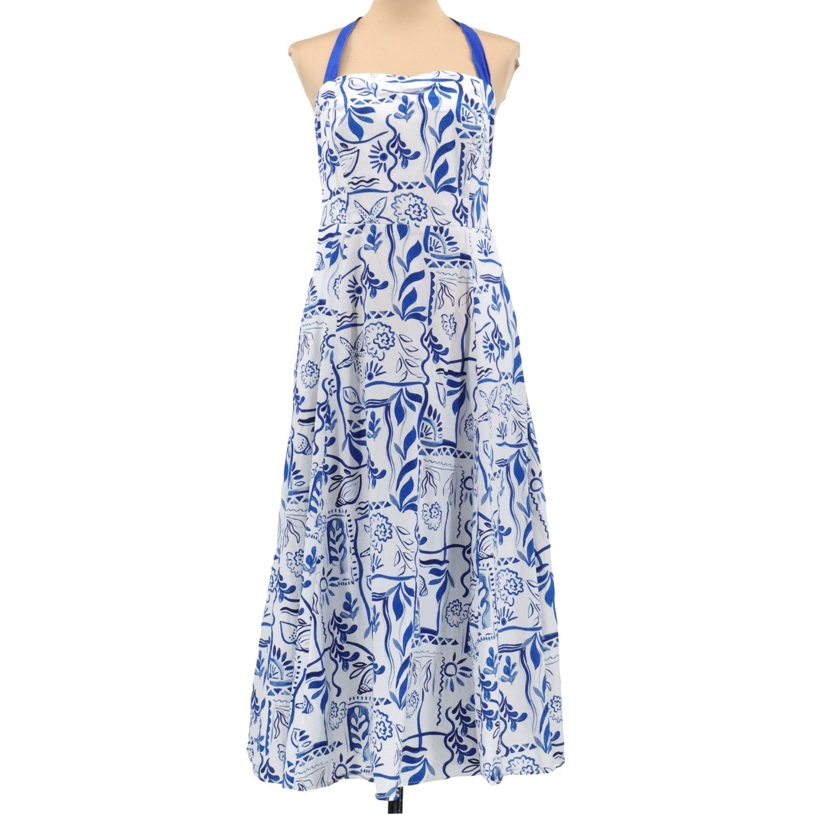 Rachel Zoe Blue White Mediterranean Tile Print Halter Midi Dress Pockets 10