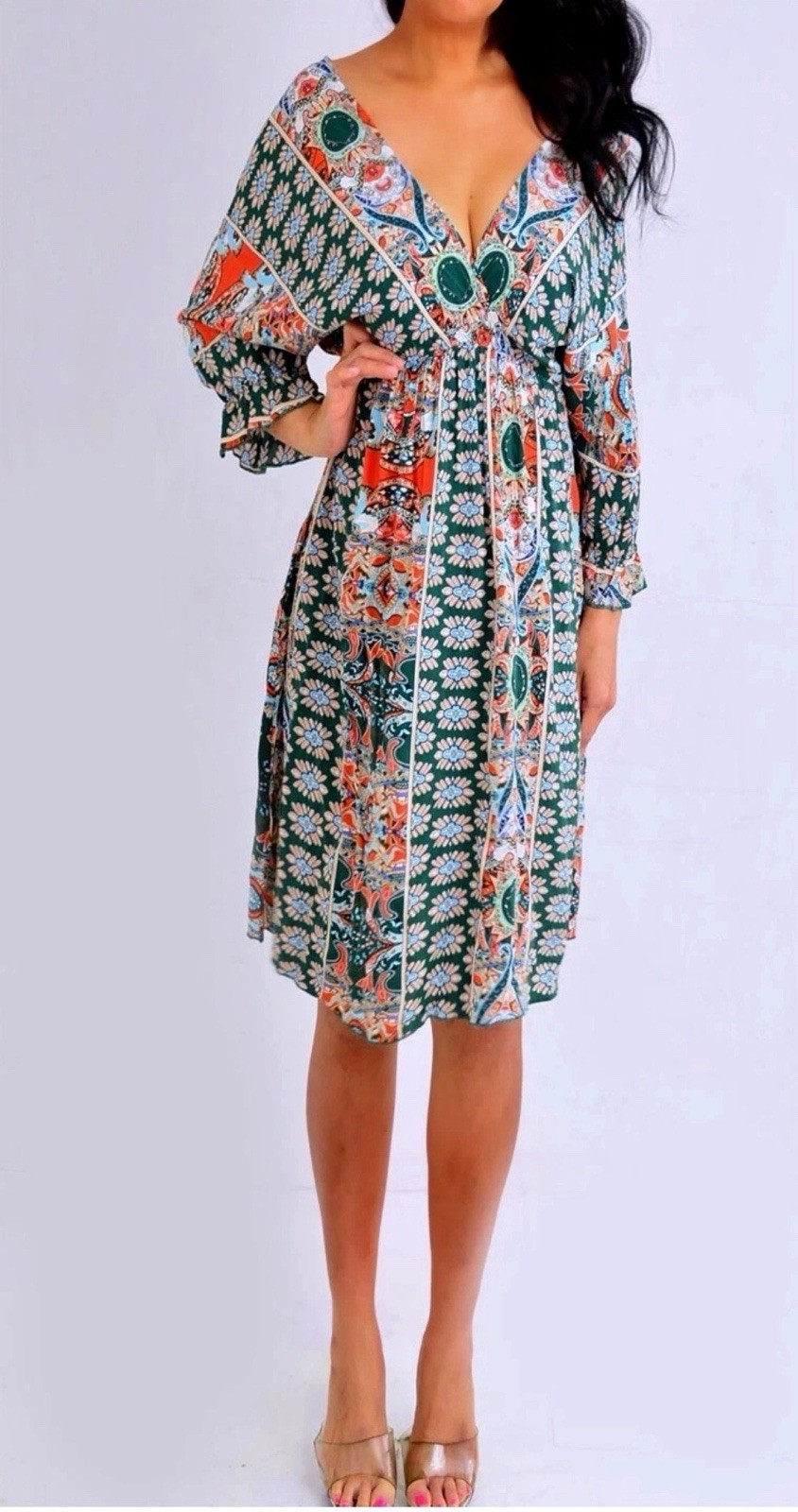 Green Orange Blue Kimono Paisley V Neck Empire Dress Size L Large