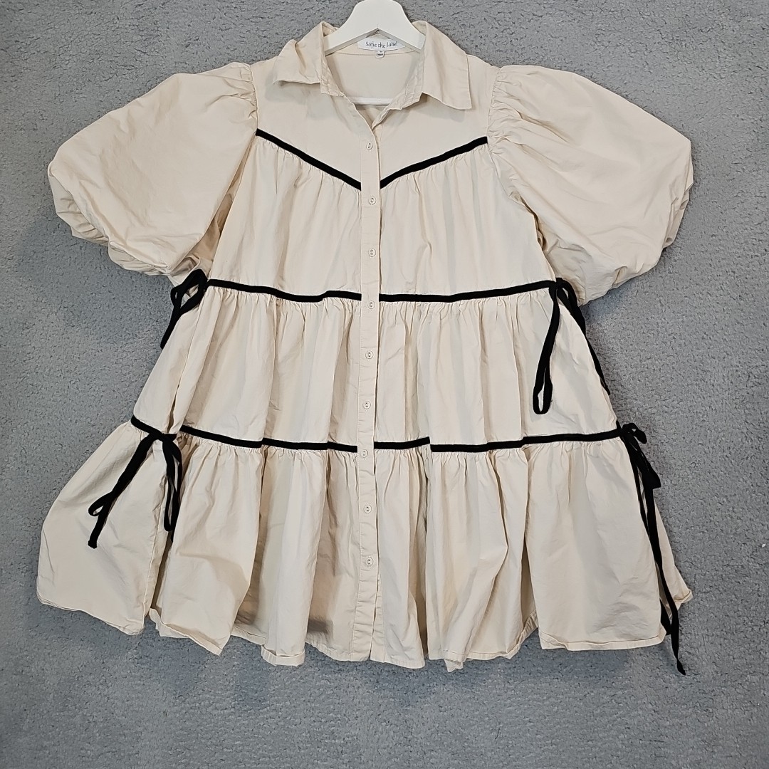 Sofie the Label Tiered Dress Womens Puff Sleeve Button Front Size M Medium Beige