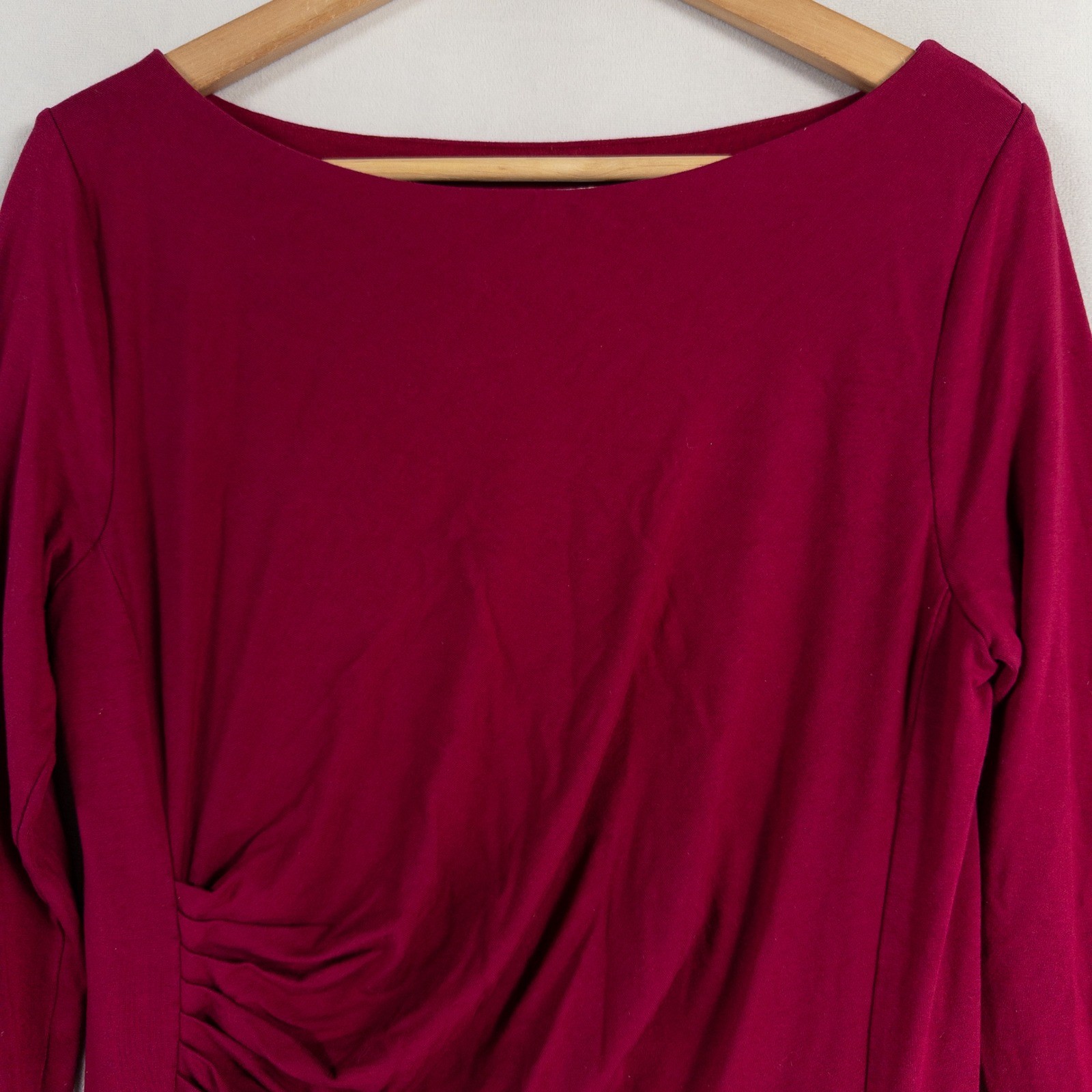 Boden Dress 12 LONG Raspberry Red Stretch Knit Lined Pleated Long Sleeve Sheath