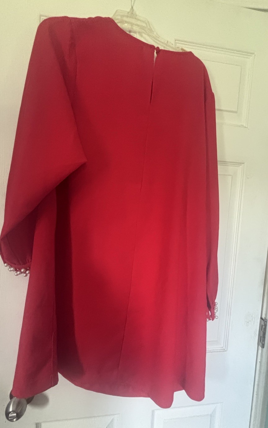 H&M Women’s Red Solid Shift Short Dress Round Neck Beaded Cuffs Zip Sz 14