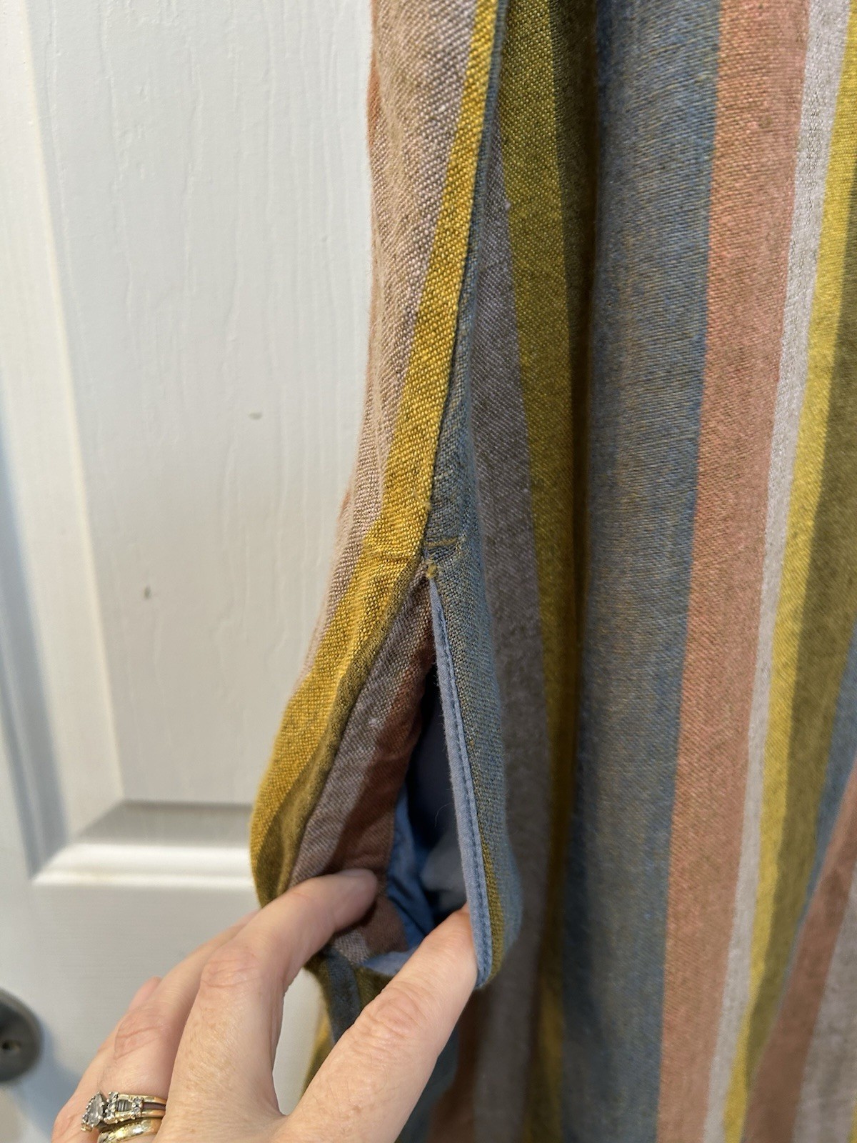 Garnet Hill Muted Stripe Linen Shift Dress Sz 12 Sleeveless Raw Hem Pockets