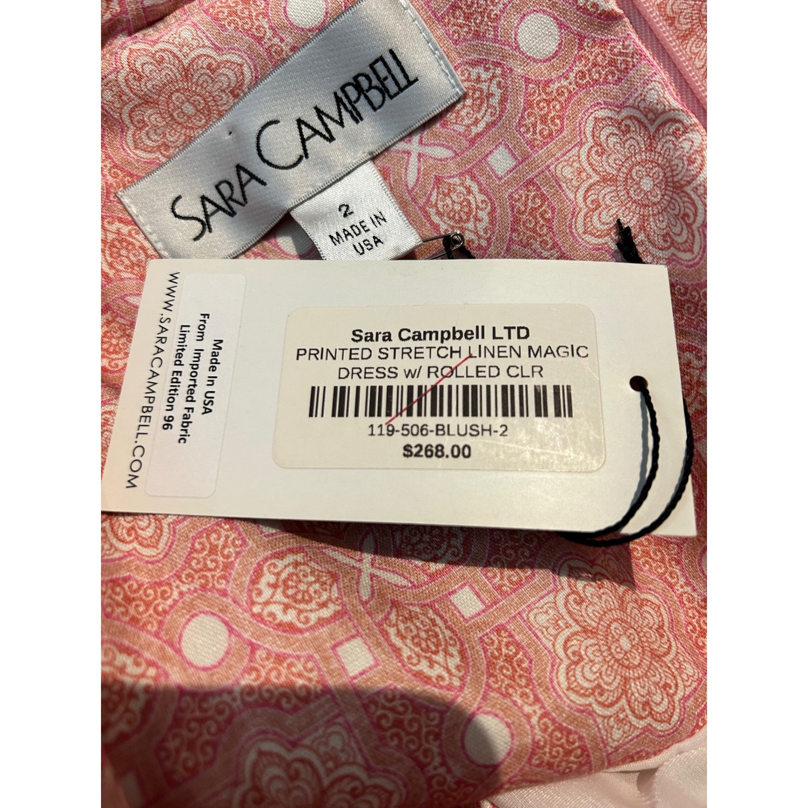 Sara Campbell Blush Pink Printed Stretch Linen Magic Dress Rolled Collar Size 2